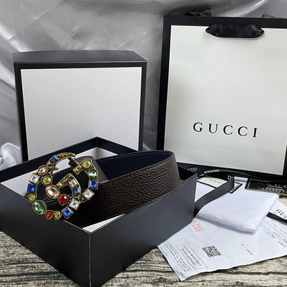 2025 4 Colors  double G seven-color rhinestone double-sided lychee pattern belt